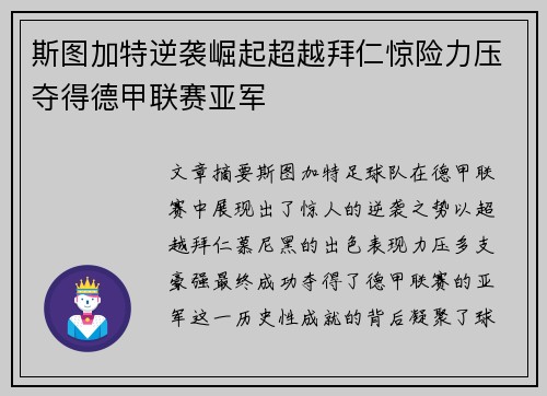 斯图加特逆袭崛起超越拜仁惊险力压夺得德甲联赛亚军